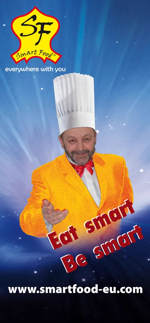 Roll-up mit Smart Food Kochmaskottchen und Slogan Eat smart Be smart